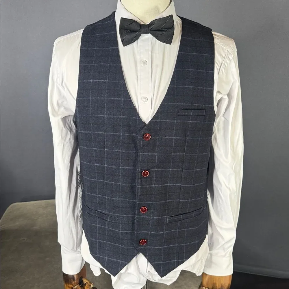 Men’s Dark Blue Plaid 3 Piece Formal Business Suit Jacket 34 Pants 32 NWT